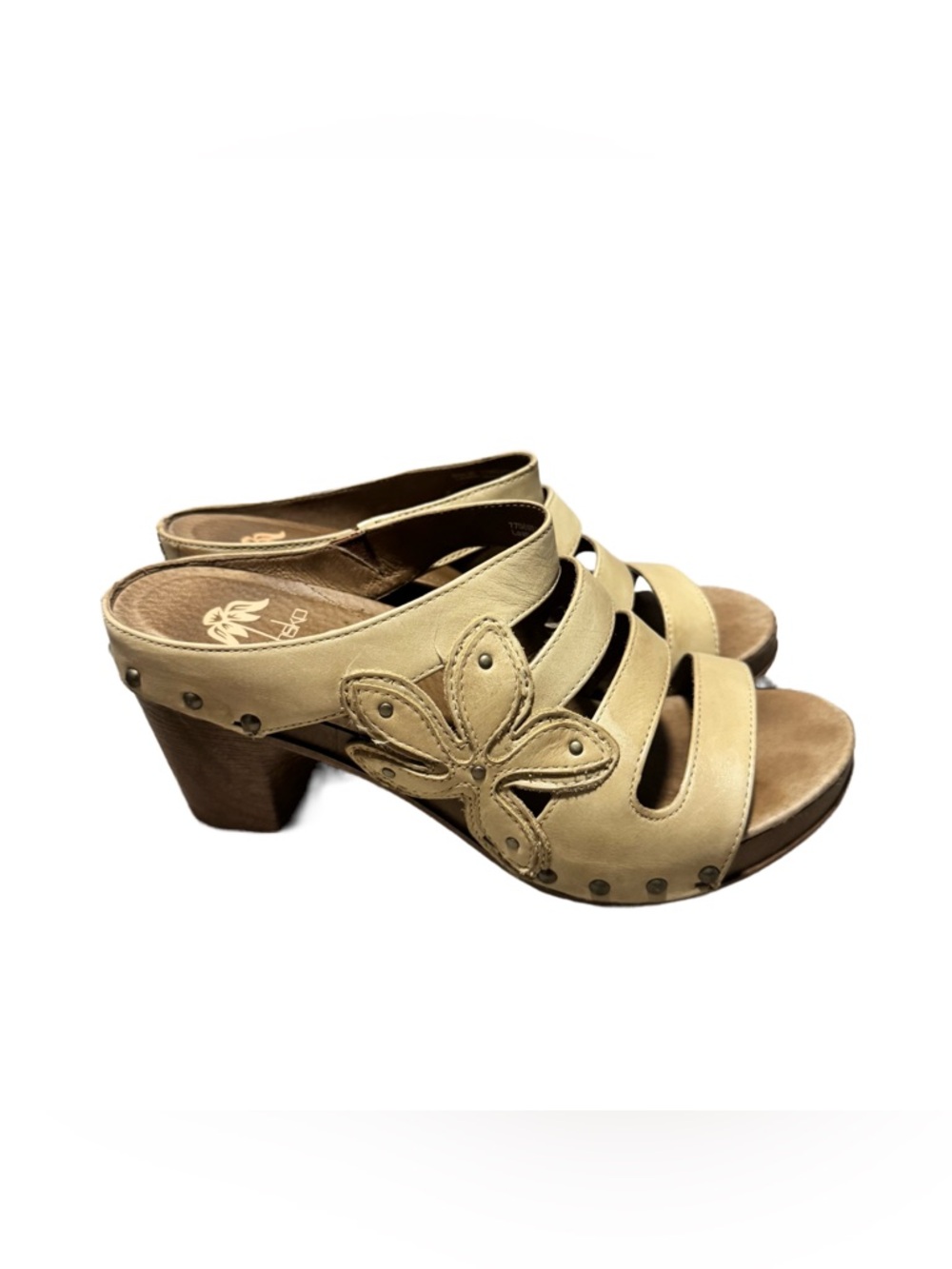 Dansko Nigella Leather Mule Strappy Sandal Women's 38 Tan Floral Block Heel Cute - Picture 4 of 7